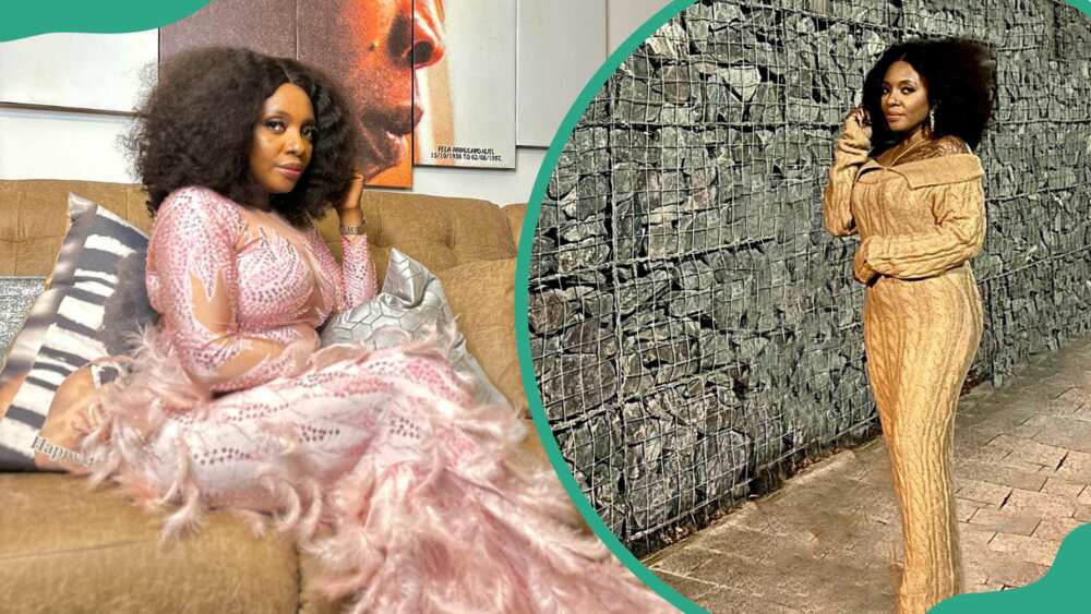 Shalewa Kuti sitting on a brown couch (L). The musical artist standing against a textured wall (R)