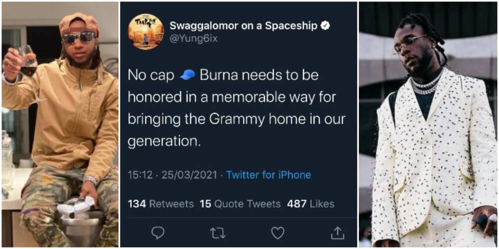 Grammy 2021: Burna Boy Needs to be Honoured in a Memorable Way, Rapper Yung6ix Says