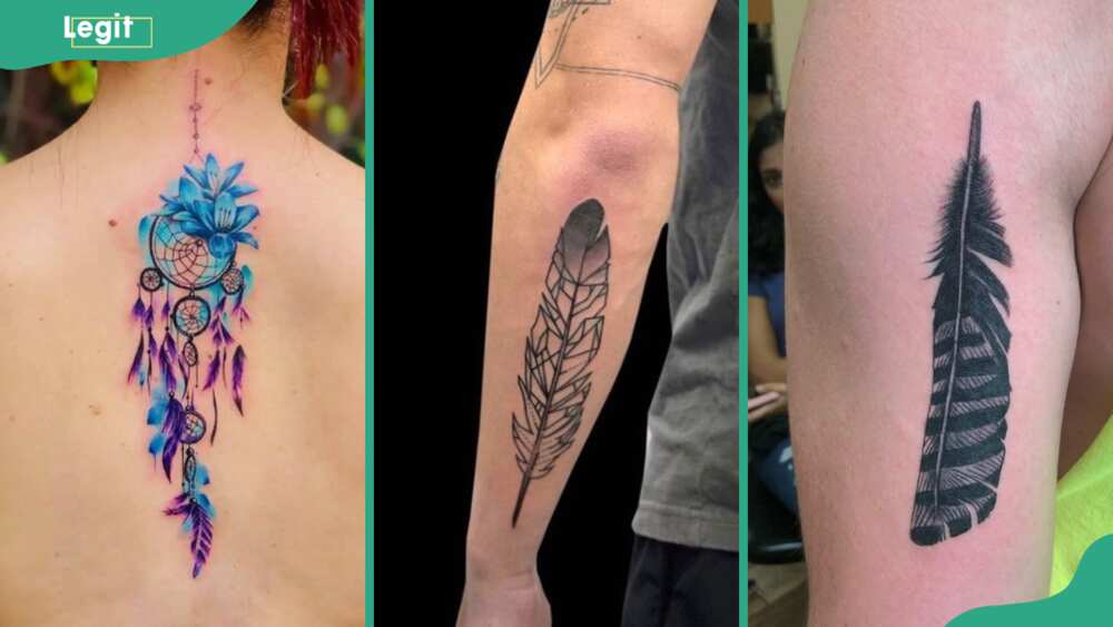 Feather tattoos; Dream Catcher (L), geometric (C), and hawk (R)