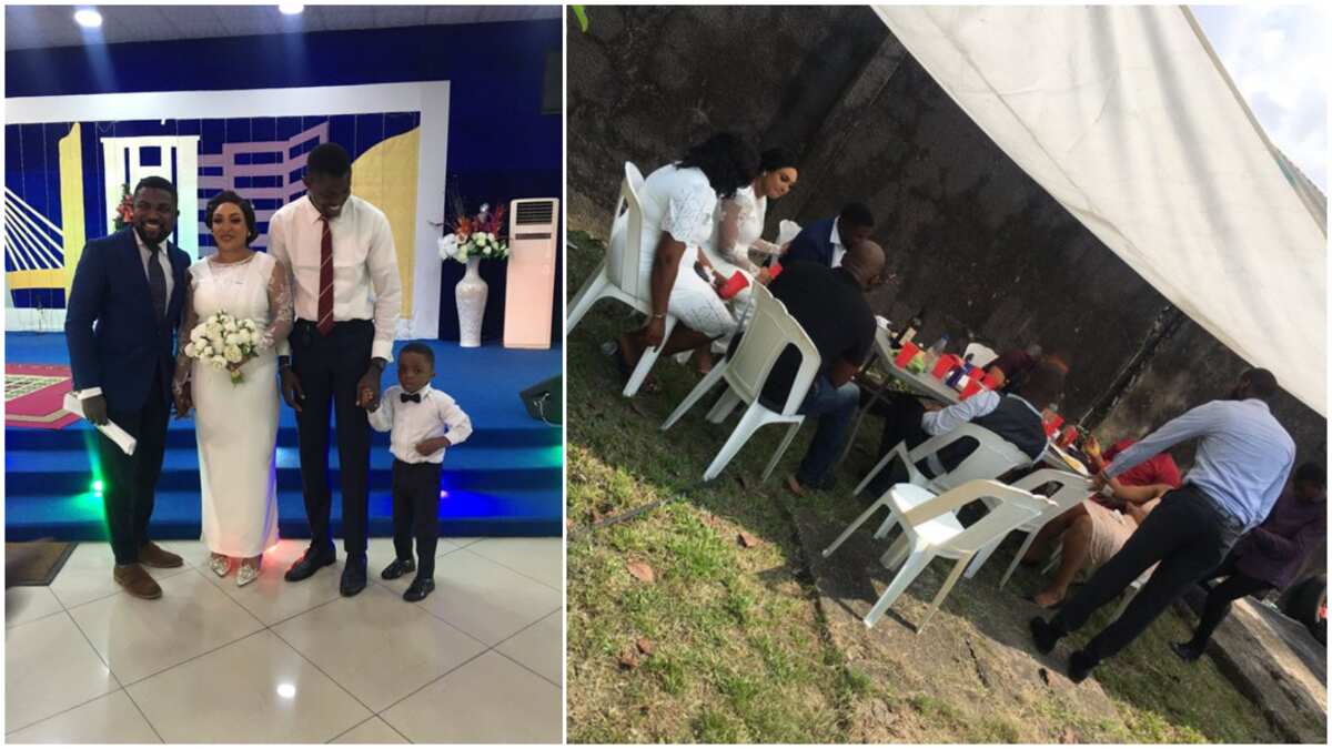 Nigerian couple hold simple church wedding with 2 guests, does reception in their backyard with 7 people, many react (see video, photos)