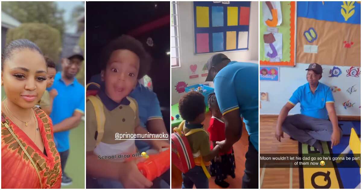 Check how Regina Daniels' son refused to let his dad leave him in class on his first day of school (videos)