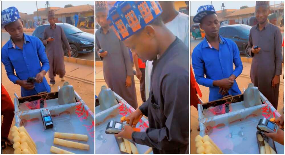 Photos of a sugarcane seller using a POS.