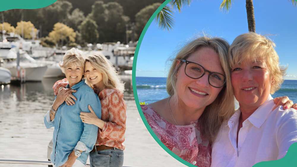 Amanda Bearse and her wife Carrie Schenken posing while on a yacht (L). Carrie Schenken posing with her hand on Amanda Bearse's shoulder (R)