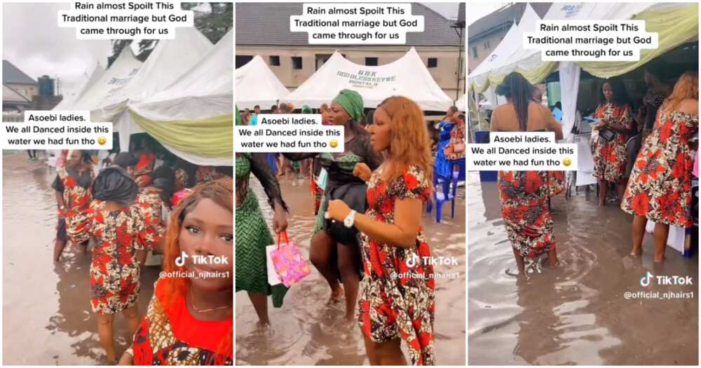 Asoebi ladies, flooded venue, bride, traditional wedding