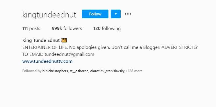 Tunde Ednut loses 1k followers as he once again returns to Instagram