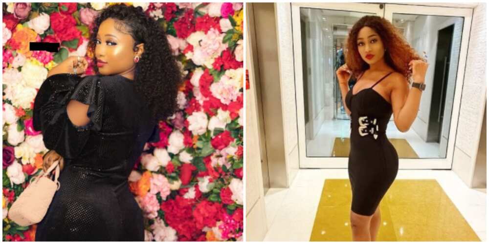 Photos of BBNaija Star Esther Biade in black outfits.