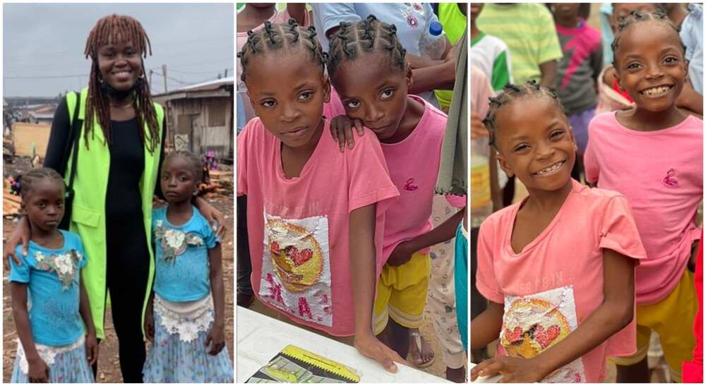 Seyi Oluyole and twin sisters Taiye and Kehinde who she is caring for after picking them from Ebute Meta. Lagos.