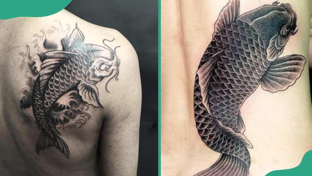 Black and grey koi fish tattoo