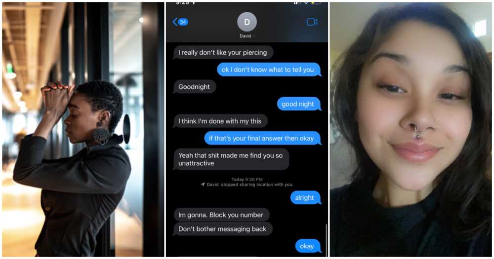Relationship drama, leaked chat between lady and her man, peircing, lady gets dumped over piercing