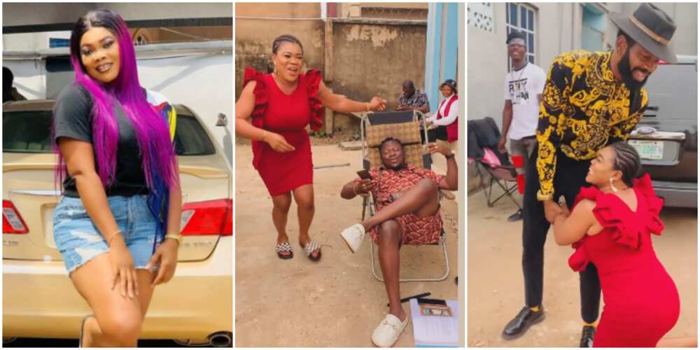 Actress Ruby Ojiakor kneels for colleagues as she apologizes for late coming