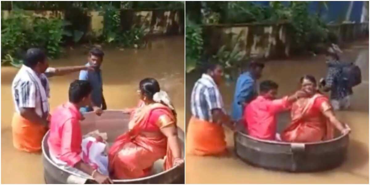 Couple float to wedding venue in giant cooking pot as flood threatens their big day, adorable photos emerge