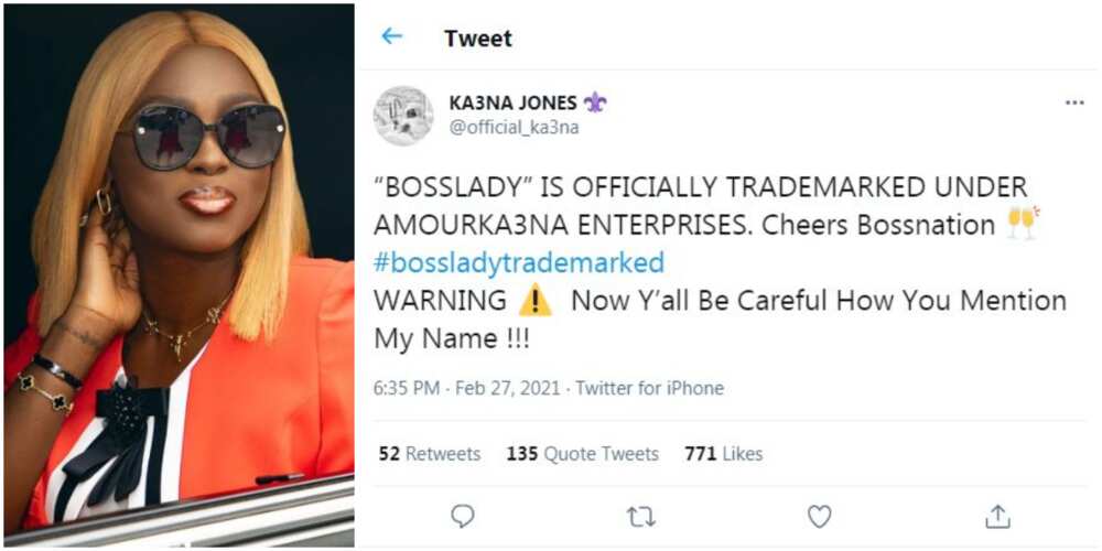 BBNaija 2020 star Ka3na trademarks ‘Boss Lady’, warns fans