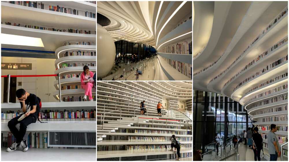Photos and video shows Chineses big library with 1.2 million books and tall book shelves
