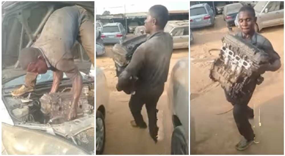 Photos of a mechanic hold up a car engine.