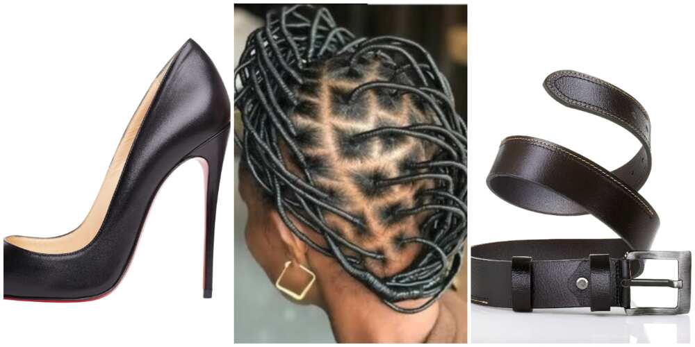 Photos of a black shoe, threaded hair and a belt.
