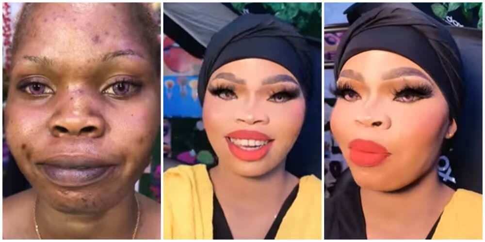 Photos of the lady before and after her makeup transformation.