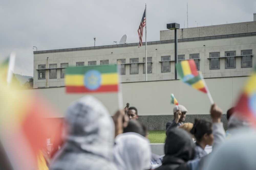 Tigrayan residents of Addis Ababa hold a rally outside the US embassy in Addis Ababa on October 4, 2022, to protest against a resumption of hostilities