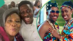 Moses Bliss meets revered Mummy Adejumo on a plane, she rates singer's wife, Marie, in sweet video