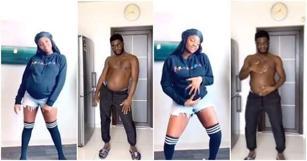 Duduke challenge: Comedian Crazeclown shows off pot belly vs Simi's baby bump (video)