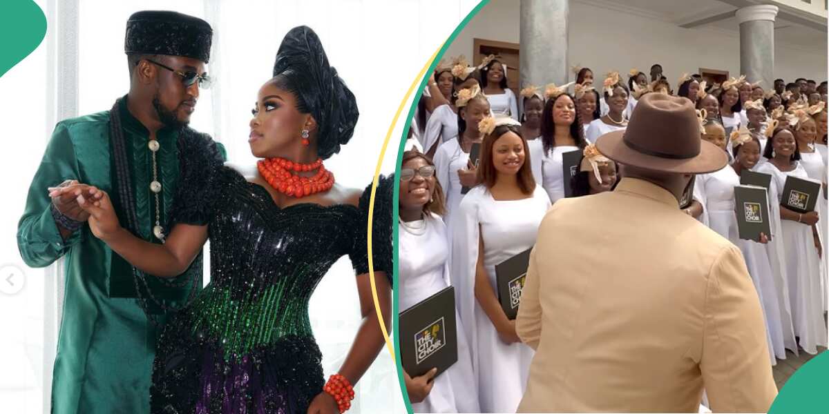 See the line of 200 city choir members ready to perform at Veekee James' White wedding (video).