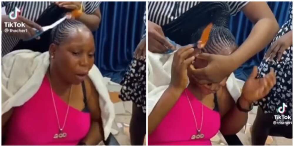 Photos of braider using fire on client's hair
