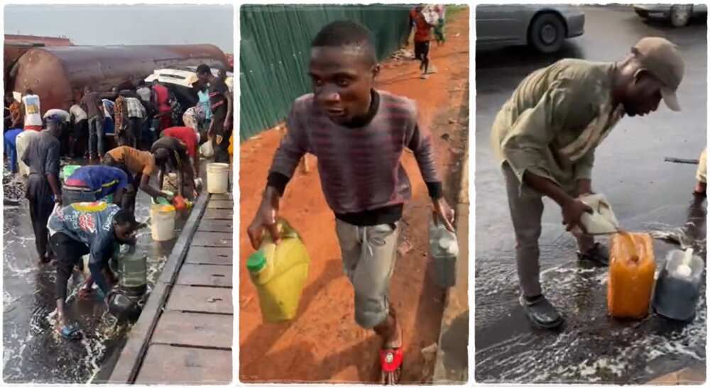 Residents scoop petroleum product from a fallen tanker.