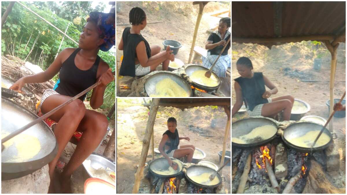 Nigerian lady who fries yellow garri for a living showcases her work (photos)