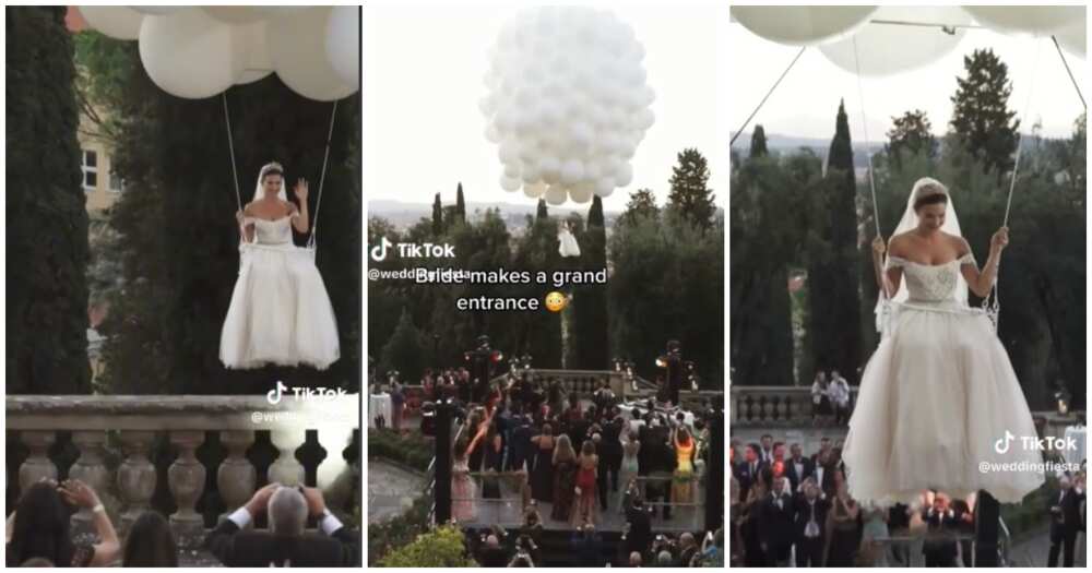 Bride floats in the air, balloons