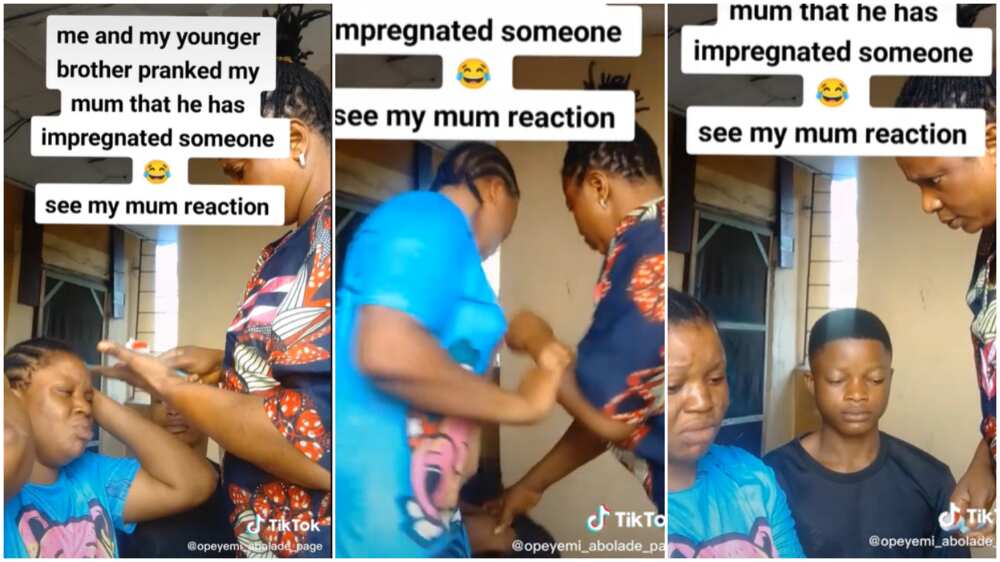 Prank on mum/mother surprised at son's action.