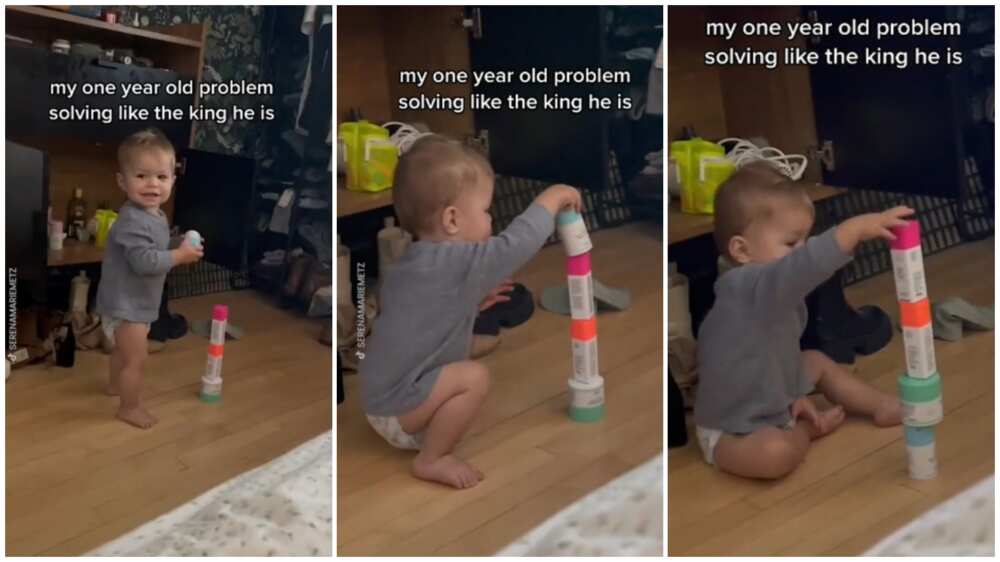 Baby shows off his intelligence while building blocks