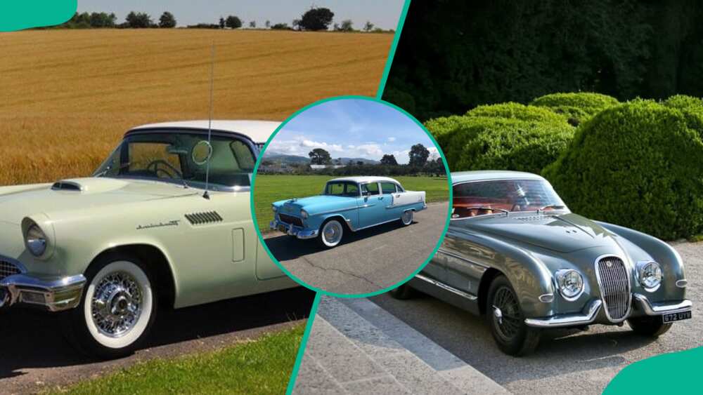 Ford Thunderbird (L), Chevrolet Bel Air (C) and Jaguar XK120 (R)