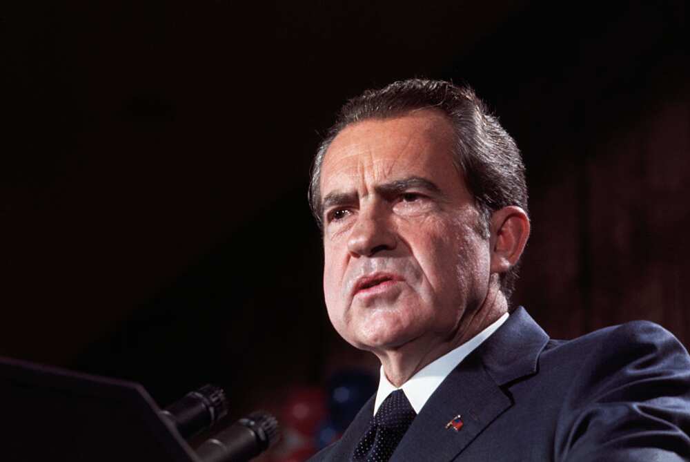37th US president Richard Nixon giving a speech at a rally