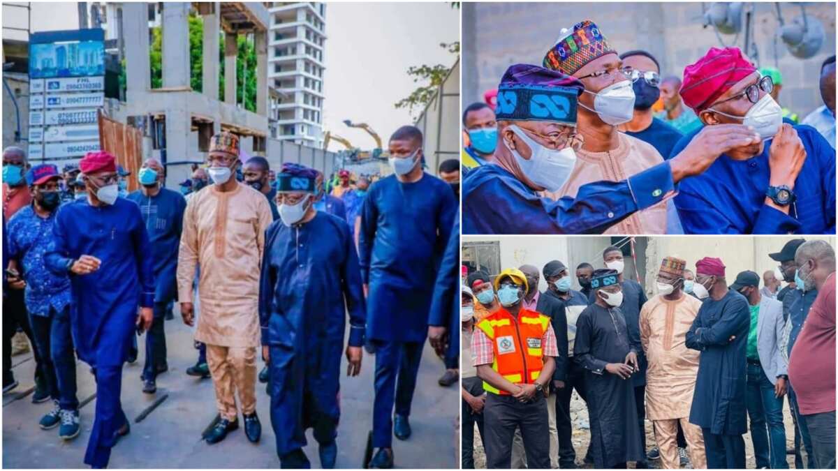 Photos show moment Tinubu arrived site of building collapse in Ikoyi with Sanwo-Olu, others