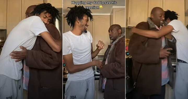 Man hugs dad to see his reaction