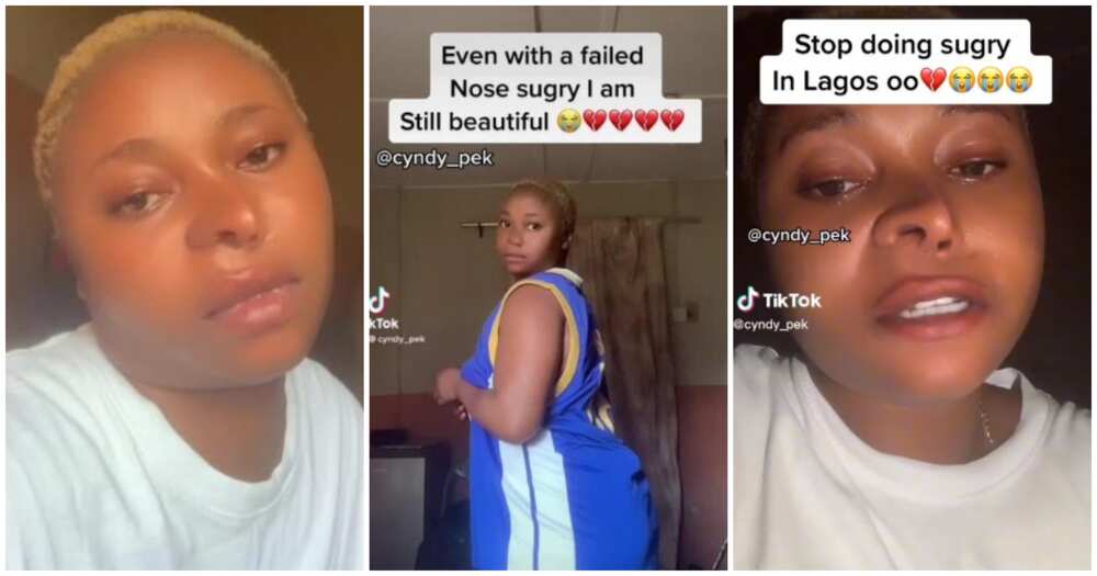 Botched Lagos surgery, lady cries after surgery in Lagos, nose surgery Botched Lagos surgery, lady cries after surgery in Lagos, nose surgery