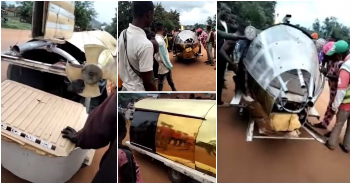 It is fast: Nigerian man builds 'aeroplane' car that runs on solar, drives it to Akure, people gather in video
