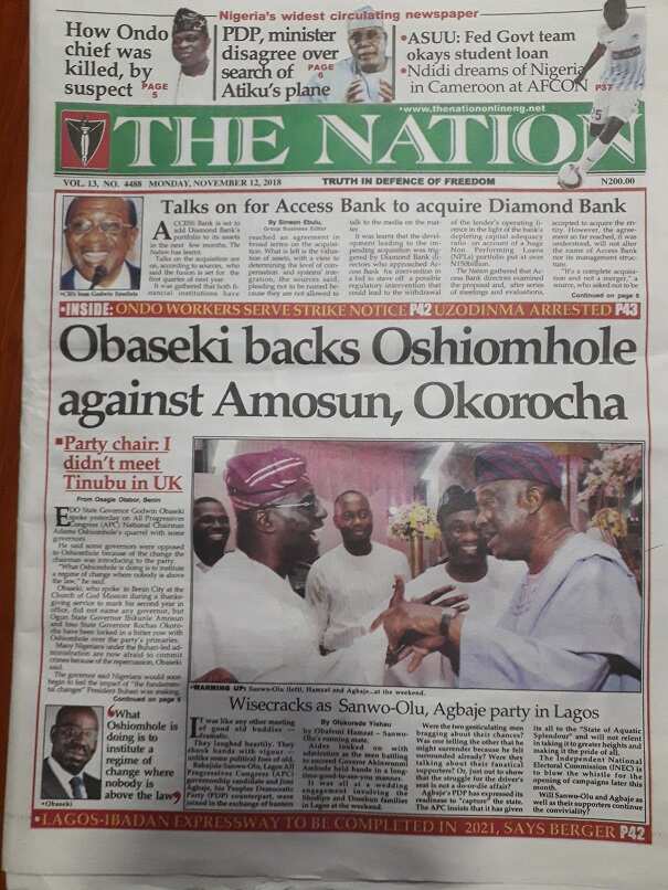 The Nation newspaper for Monday, November 12, 2018, Photo credit: snapshot from Legit.ng