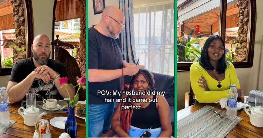 husband braids wife's hair