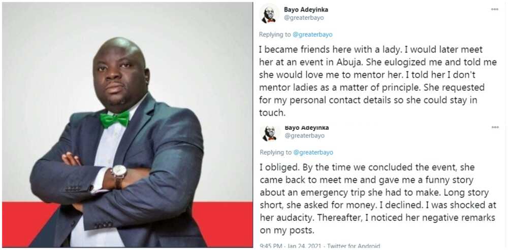 Reactions as man shares how a lady who requested mentorship fleeced him for 'urgent' money