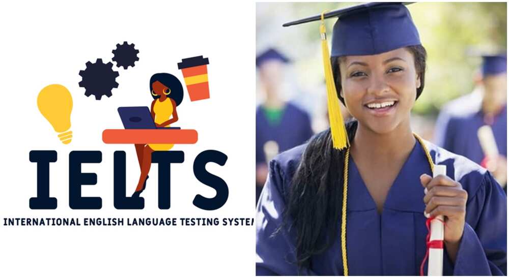 IELTS illustration and a black student wearing academic gown.