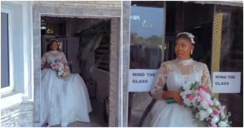 Reactions as pretty bride screams in fear after automated door held back her wedding dress