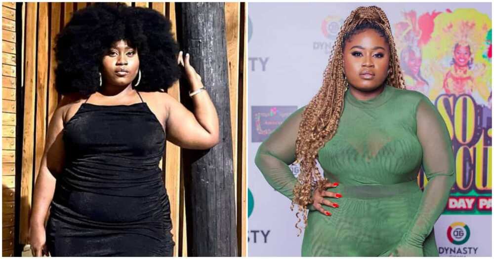 Lydia Forson slays in an afro wig and black dress (left), and green outfit (right).