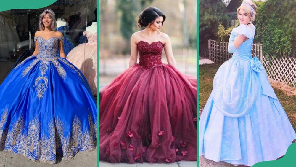 Navy blue and gold princess ball gown (L), maroon princess ball gown (C), and a light blue princess ball gown (R)