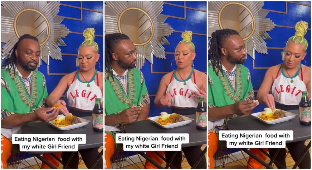 Photos of black man and white lady eating Nigerian fufu.