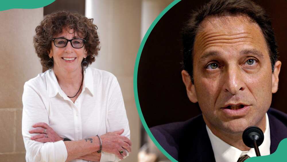 Andrew Weissmann's wife, Debra Weissmann, posing for a picture in a white shirt (L). Andrew in Washington, D.C. (R).