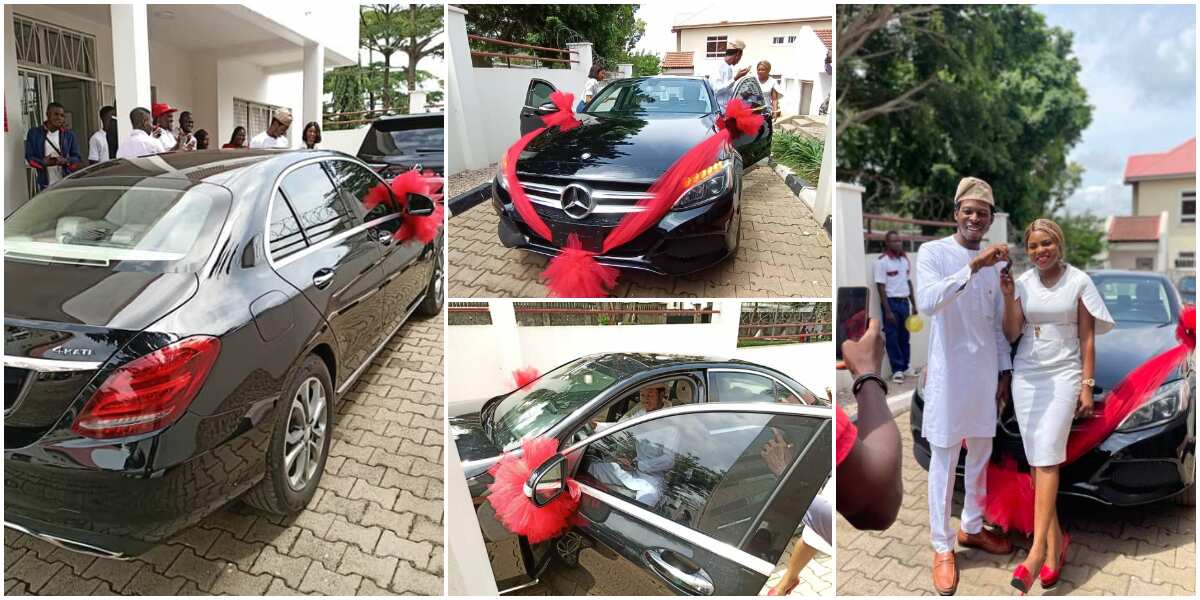 Nigerian lady surprises her husband with a new car on their 7th wedding anniversary, photos spark reactions