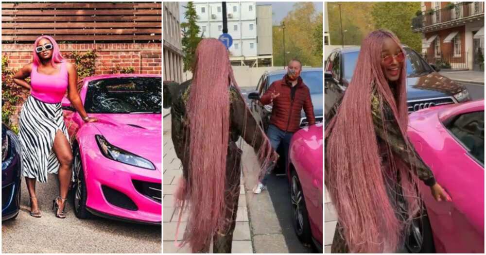 Moment DJ Cuppy walked in on man trying to take a quick photo with her Ferrari in London