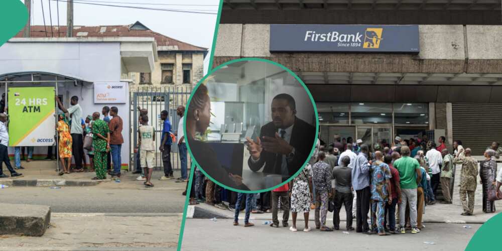 Bank customers queue in front of banks