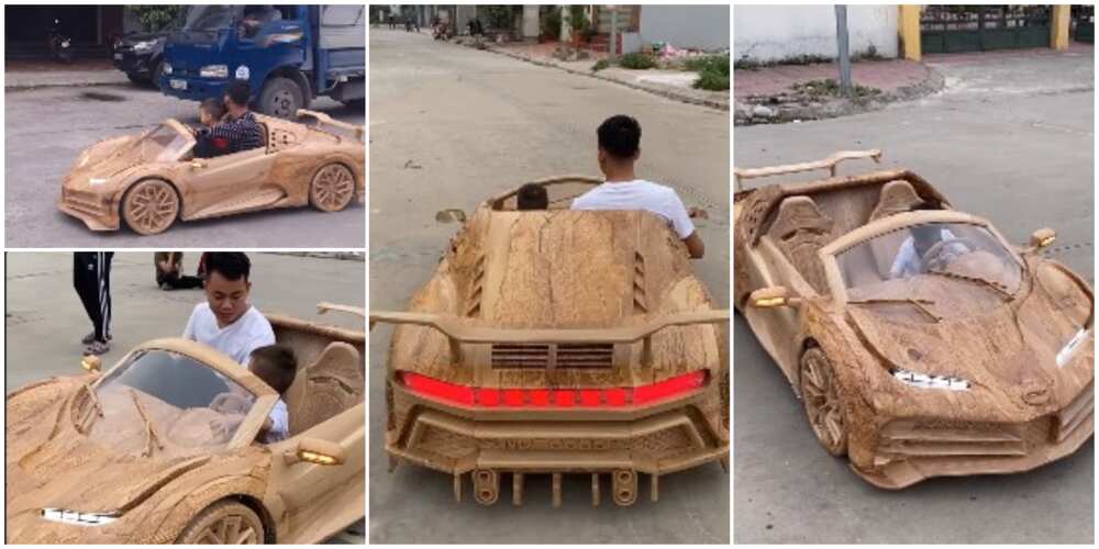 Man builds a Bugatti out of wood for his son, rides the car on the road alongside real cars in viral video
