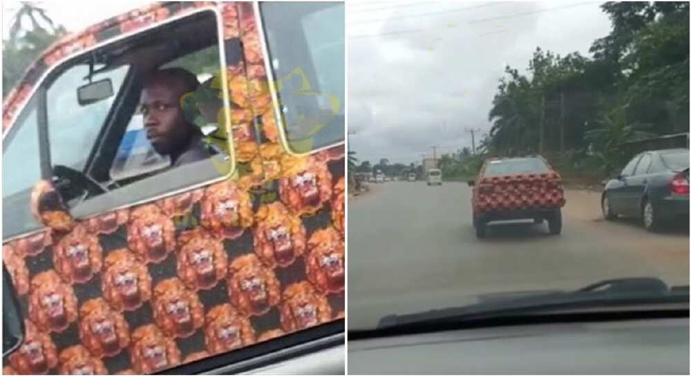 Nigerian man drives around in an Isi-Agu-themed car.